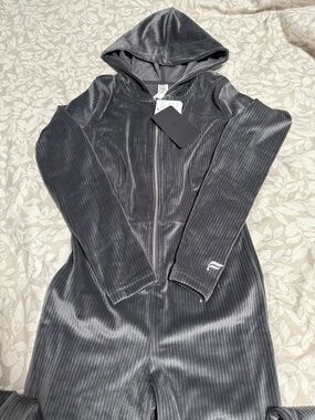 Fabletics Charcoal Gray Ribbed Velour Zip Jumpsuit